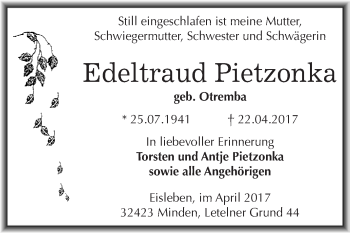 Traueranzeige von Edeltraud Pietzonka von Wochenspiegel Mansfelder Land