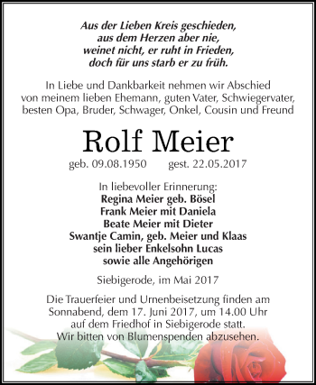 Traueranzeige von Rolf Meier von Super Sonntag SGH Mansf. Land