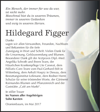 Traueranzeige von Hildegard Figger von WVG - Wochenspiegel Wittenberg