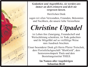 Traueranzeige von Christine Utpadel von Mitteldeutsche Zeitung Quedlinburg