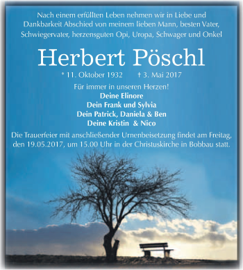 Traueranzeige von Herbert Pöschl von WVG - Wochenspiegel Bitterfeld