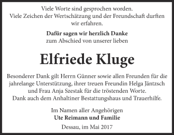 Traueranzeige von Elfriede Kluge von WVG - Wochenspiegel Dessau / Köthen