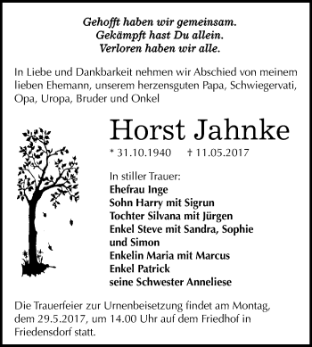 Traueranzeige von Horst Jahnke von WVG - Wochenspiegel Merseburg