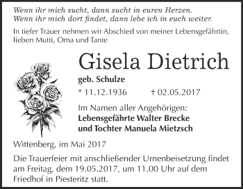 Traueranzeige von Gisela Dietrich von Super Sonntag Wittenberg