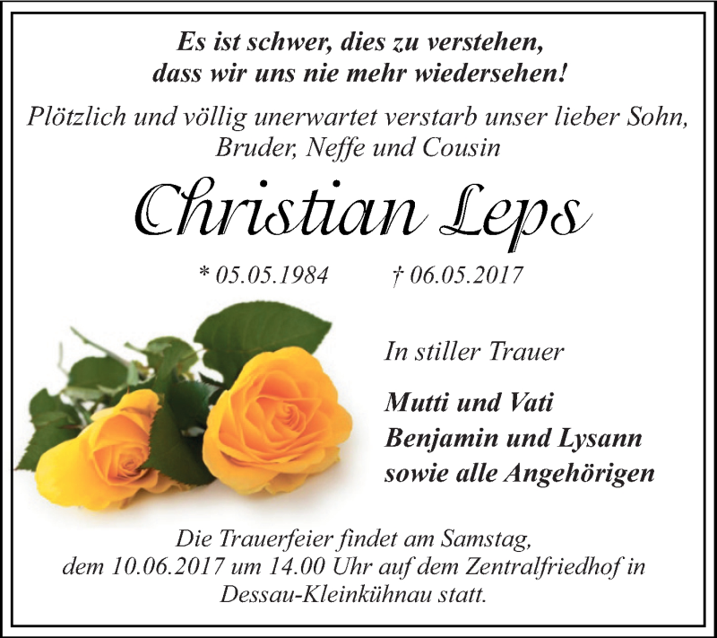  Traueranzeige für Christian Leps vom 20.05.2017 aus WVG - Wochenspiegel Dessau / Köthen