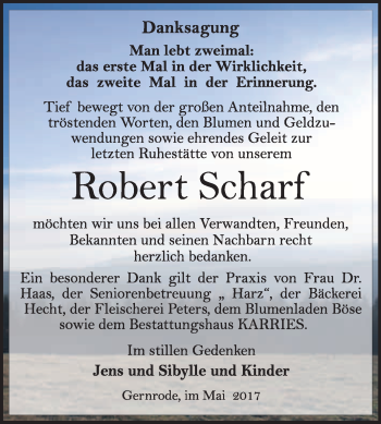 Traueranzeige von Robert Scharf von WVG - Wochenspiegel Quedlinburg
