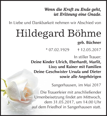 Traueranzeige von Hildegard Böhme von Mitteldeutsche Zeitung Sangerhausen