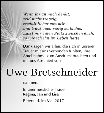 Traueranzeige von Uwe Bretschneider von Mitteldeutsche Zeitung Bitterfeld