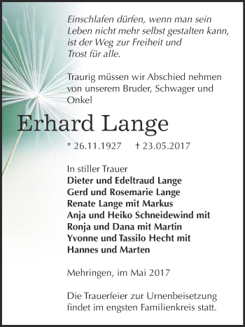 Traueranzeige von Erhard Lange von WVG - Wochenspiegel Bernburg