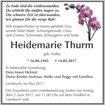 Traueranzeige von Heidemarie Thurm von Wochenspiegel Mansfelder Land