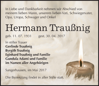 Traueranzeige von Hermann Traußnig von Mitteldeutsche Zeitung Sangerhausen