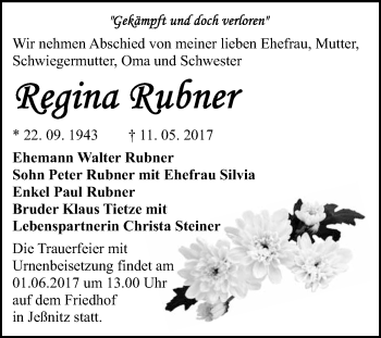 Traueranzeige von Regina Rubner von WVG - Wochenspiegel Bitterfeld