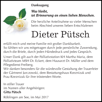 Traueranzeige von Dieter Pütsch von Wochenspiegel Mansfelder Land