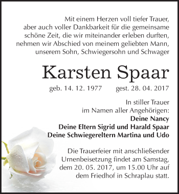 Traueranzeige von Karsten Spaar von Mitteldeutsche Zeitung Merseburg/Querfurt