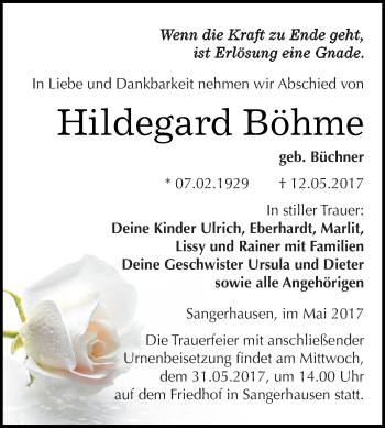 Traueranzeige von Hildegard Böhme von Super Sonntag SGH Mansf. Land