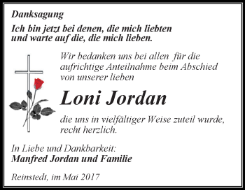 Traueranzeige von Loni Jordan von Super Sonntag Aschersleben
