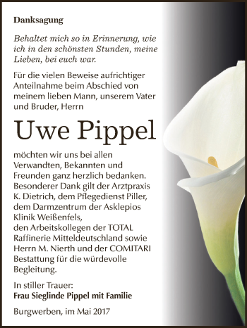 Traueranzeige von Uwe Pippel von WVG - Wochenspiegel NMB / WSF / ZTZ