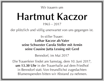 Traueranzeige von Hartmut Kaczor von Wochenspiegel Mansfelder Land