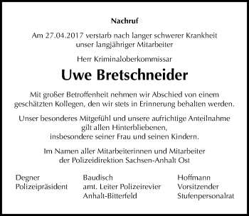 Traueranzeige von Uwe Bretschneider von Mitteldeutsche Zeitung Bitterfeld