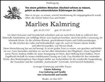 Traueranzeige von Marlies Kalmring von Mitteldeutsche Zeitung Quedlinburg