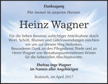 Traueranzeige von Heinz Wagner von WVG - Wochenspiegel Bitterfeld