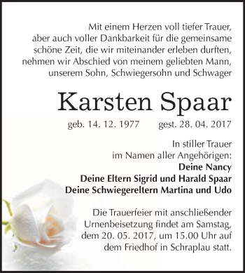 Traueranzeige von Karsten Spaar von WVG - Wochenspiegel Merseburg