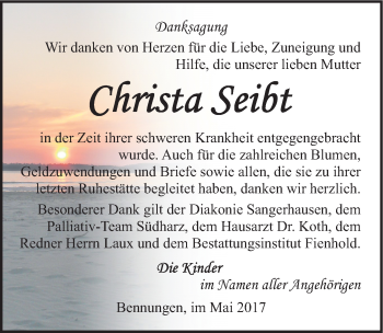 Traueranzeige von Christa Seibt von Mitteldeutsche Zeitung Sangerhausen
