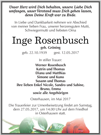 Traueranzeige von Inge Rosenbusch von Super Sonntag SGH Mansf. Land