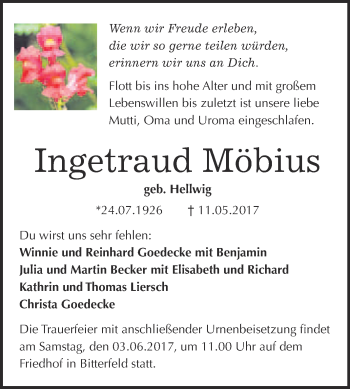 Traueranzeige von Ingetraud Möbius von WVG - Wochenspiegel Bitterfeld