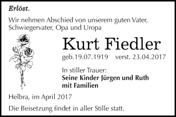 Traueranzeige von Kurt Fiedler von Wochenspiegel Mansfelder Land
