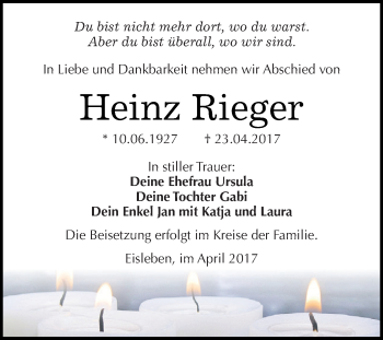 Traueranzeige von Heinz Rieger von Wochenspiegel Mansfelder Land