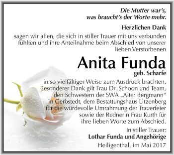 Traueranzeige von Anita Funda von Wochenspiegel Mansfelder Land
