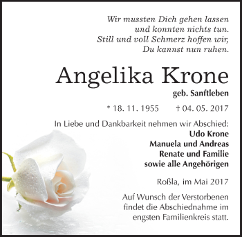 Traueranzeige von Angelika Krone von Mitteldeutsche Zeitung Sangerhausen