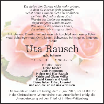 Traueranzeige von Uta Rausch von WVG - Wochenspiegel Wittenberg