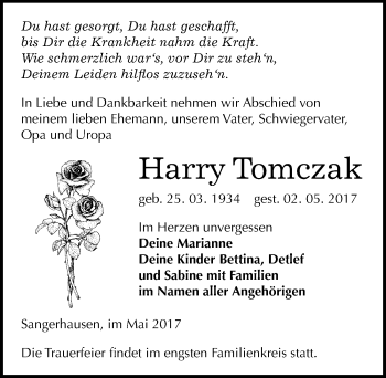 Traueranzeige von Harry Tomczak von Mitteldeutsche Zeitung Sangerhausen