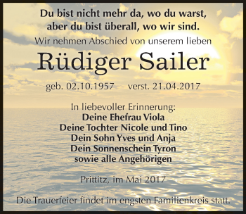 Traueranzeige von Rüdiger Sailer von Mitteldeutsche Zeitung Weißenfels