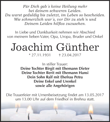 Traueranzeige von Joachim Günther von WVG - Wochenspiegel Bitterfeld