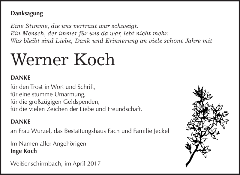  Traueranzeige für Werner Koch vom 13.05.2017 aus WVG - Wochenspiegel Merseburg
