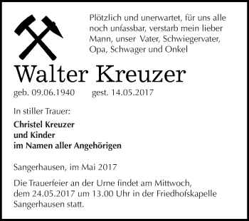 Traueranzeige von Walter Kreuzer von Super Sonntag SGH Mansf. Land