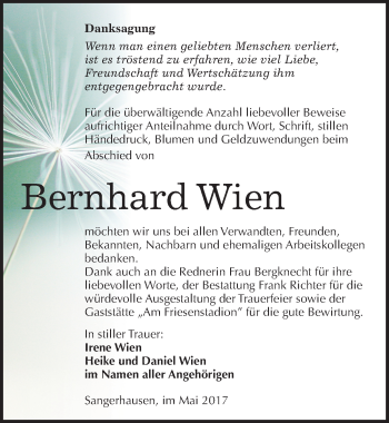 Traueranzeige von Bernhard Wien von Mitteldeutsche Zeitung Sangerhausen