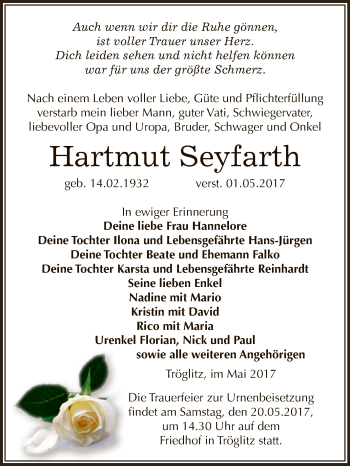 Traueranzeige von Hartmut Seyfarth von Super Sonntag Zeitz