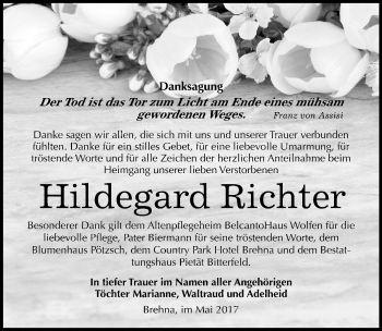 Traueranzeige von Hildegard Richter von Mitteldeutsche Zeitung Bitterfeld