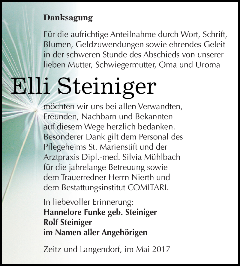  Traueranzeige für Elli Steiniger vom 20.05.2017 aus Super Sonntag Zeitz