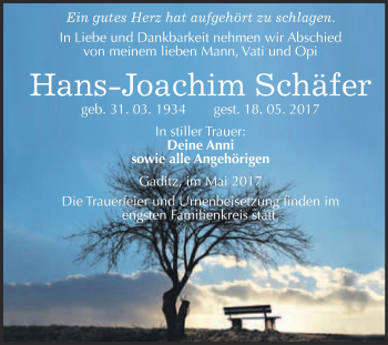 Traueranzeige von Hans-Joachim Schäfer von WVG - Wochenspiegel Wittenberg
