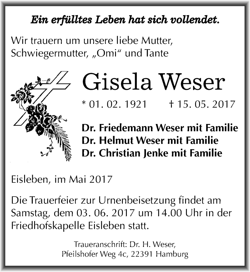  Traueranzeige für Gisela Weser vom 27.05.2017 aus Mitteldeutsche Zeitung Mansfelder Land