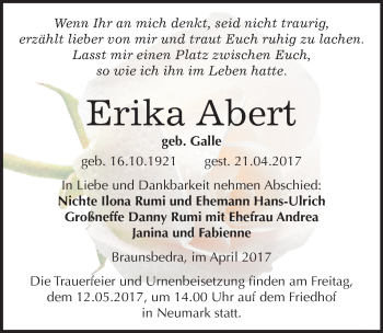 Traueranzeige von Erika Abert von Mitteldeutsche Zeitung Merseburg/Querfurt