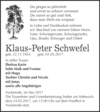 Traueranzeige von Klaus-Peter Schwefel von WVG - Wochenspiegel Wittenberg