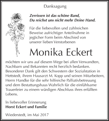 Traueranzeige von Monika Eckert von Wochenspiegel Mansfelder Land
