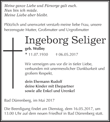 Traueranzeige von Ingeborg Seliger von Super Sonntag Merseburg