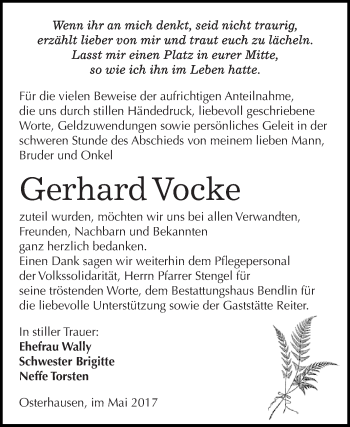 Traueranzeige von Gerhard Vocke von Super Sonntag SGH Mansf. Land